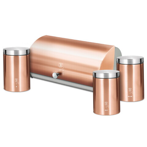 Set cutie pentru paine si 3 recipiente Berlinger Haus, Rose Gold, 38.5x28x18.5 cm, inox, roz/argintiu