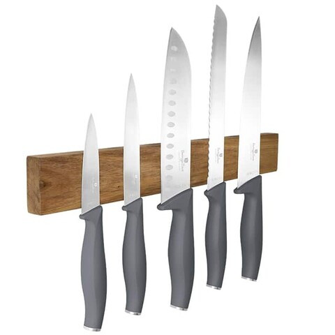 Set 5 cutite cu suport magnetic Berlinger Haus, Aspen, inox/lemn, gri mat/natur