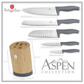 Set 5 cutite cu suport rotund Berlinger Haus, Aspen, inox/bambus, gri mat/natur