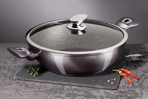 Tigaie Wok cu capac Berlinger Haus, Carbon Pro, 30 cm, aluminiu forjat, gri inchis