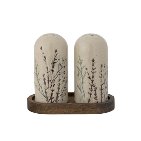 Set solnita si pipernita in suport, Bloomingville, Bea, 12.5x5.5x11 cm, 50 ml, ceramica/lemn de salcam, natural