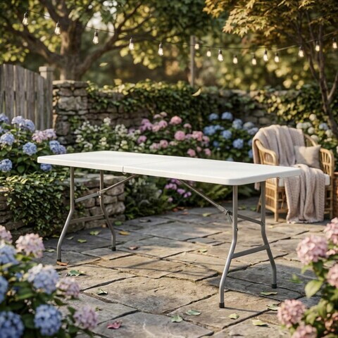 Masa pliabila pentru gradina Heinner, 180x70x74 cm, otel/plastic, alb/gri