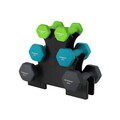 Set gantere fitness 6 piese cu suport, 2 x 1 kg + 2 x 2 kg + 2 x 3 kg, Songmics, neopren, verde/teal/gri inchis
