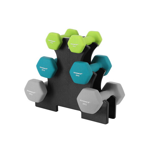 Set gantere fitness 6 piese cu suport, 2 x 1 kg + 2 x 2 kg + 2 x 3 kg, Songmics, neopren, verde/teal/gri deschis