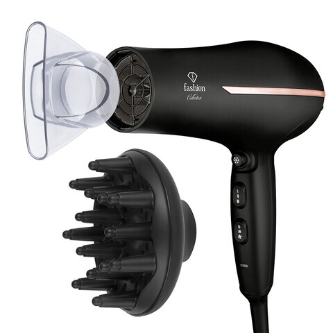 Uscator de par profesional Fashion TV, Matte Black-Rose Gold, 1950-2300W, 2 viteze, 3 trepte de temperatura, negru