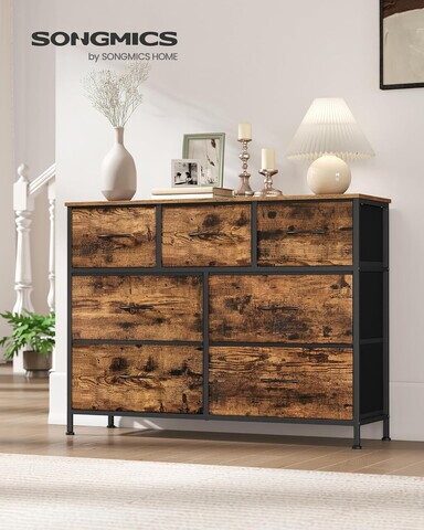 Comoda cu 7 sertare, Songmics, otel, 98.8x30x73.7 cm, maro rustic/negru
