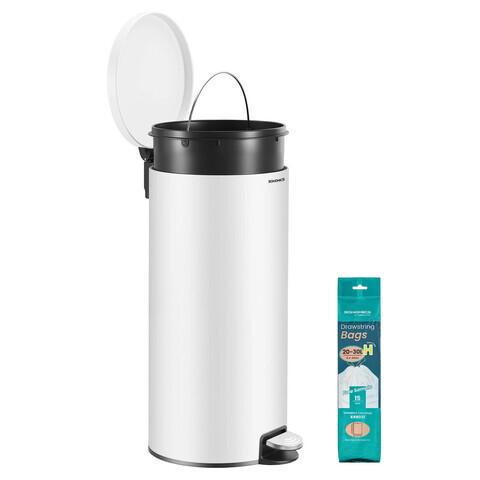 Cos de gunoi cu pedala 30L + 15 saci menajeri, Songmics, capac soft-close, otel, alb