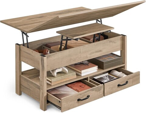 Masuta de cafea cu blat rabatabil, Vasagle Lift-Top, 100x50x49.1-64.1 cm, PAL/otel, camel