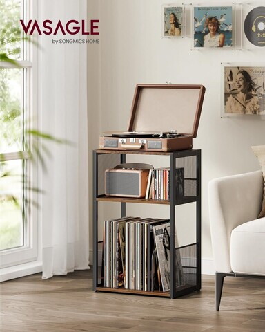 Suport pentru pick-up, Vasagle, spatiu depozitare pana la 100 discuri, 43x30x69 cm, maro rustic