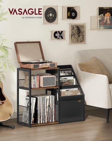 Suport pentru pick-up, Vasagle, spatiu depozitare pana la 140 discuri, 81x30x69 cm, maro rustic