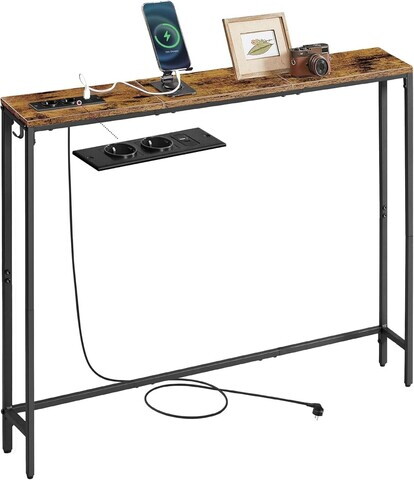 Consola ingusta cu priza si USB, Vasagle, 100x15x80 cm, PAL/otel, maro vintage/negru