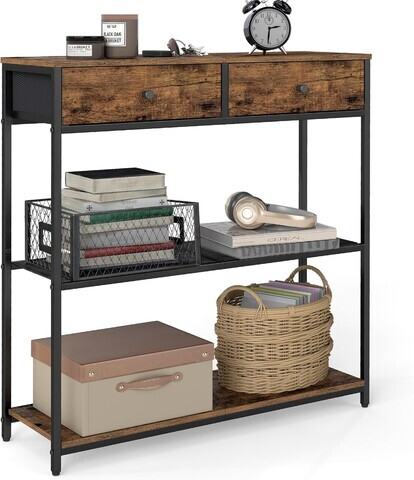 Consola cu sertare textile si rafturi, 76x24x80 cm, tesatura Oxford/PAL/otel, maro rustic/negru