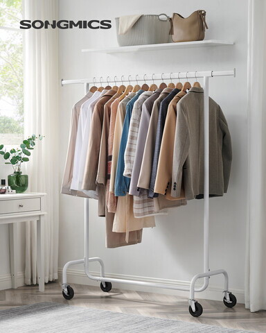 Suport pentru umerase, Songmics, extensibil, cu roti, 110-150x45x160 cm, otel, alb mat