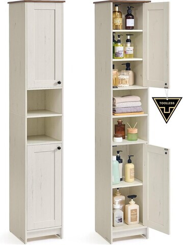 Dulap ingust pentru baie, Songmics, montaj fara unelte, 30x30x170 cm, MDF, alb vintage