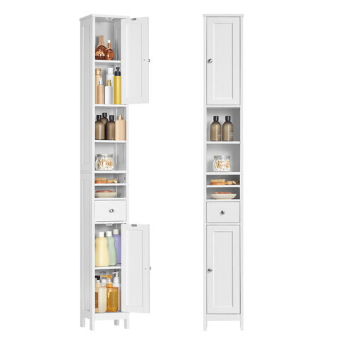 Dulap ingust pentru baie, Vasagle, cu sertar si rafturi reglabile, 21.4x19.5x180 cm, MDF, alb