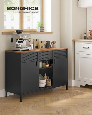 Dulap metalic multifunctional cu 2 usi, Songmics, rafturi reglabile, 110x40x76 cm, otel, maro/negru