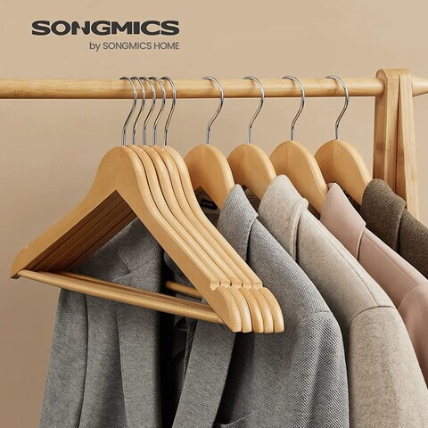 Set 10 umerase din lemn, Songmics, cu bara pantaloni, max 5 kg, lemn de artar, natur