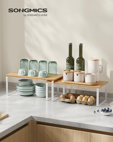 Set 2 organizatoare dulap bucatarie, Songmics, 39.7x19.5x15.8 cm, metal/lemn, alb/bej