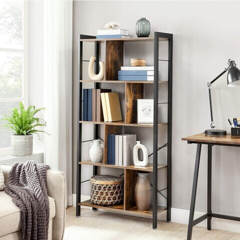 Biblioteca cu 4 niveluri, Vasagle, 74x30x154.5 cm, PAL/otel, maro rustic