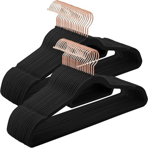 Set 50 umerase catifea, Songmics, cu carlig rose gold, antialunecare, max 5 kg, negru