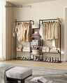 Suport haine cu rafturi si bare, Songmics, 6 rafturi, 2 bare, 163.6x33.8x175.3 cm, otel/PAL, maro nuc/negru