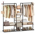 Suport haine cu rafturi si bare, Songmics, 6 rafturi, 2 bare, 163.6x33.8x175.3 cm, otel/PAL, maro nuc/negru