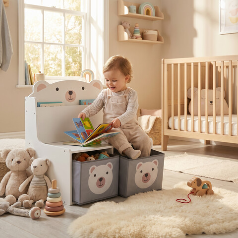 Organizator jucarii / mobilier camera copilului Bear, U-Grow, 60x42x61.5 cm, MDF, alb/gri
