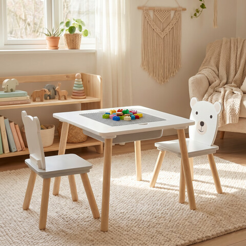 Set birou cu 2 scaune Bear, U-Grow, 60x48x44 cm / 26.5x26.5x48 cm, MDF/polipropilena, alb/natur