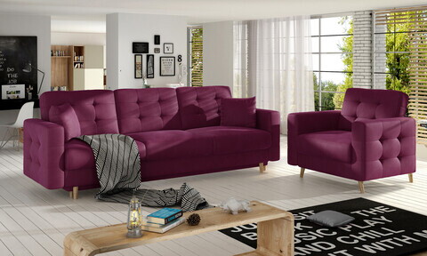 Set canapea extensibila 3 locuri si fotoliu ELTAP, Asgard, 235x95x86 cm / 107x92x86 cm, lemn/poliester, violet
