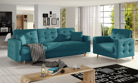Set canapea extensibila 3 locuri si fotoliu ELTAP, Asgard, 235x95x86 cm / 107x92x86 cm, lemn/poliester, turcoaz