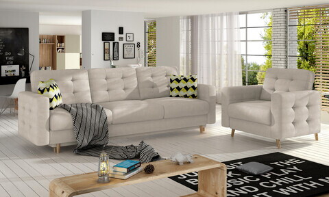 Set canapea extensibila 3 locuri si fotoliu ELTAP, Asgard, 235x95x86 cm / 107x92x86 cm, lemn/poliester, bej
