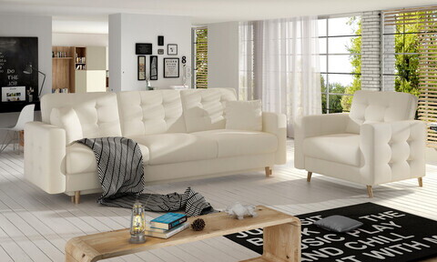 Set canapea extensibila 3 locuri si fotoliu ELTAP, Asgard, 235x95x86 cm / 107x92x86 cm, lemn/poliester, bej deschis