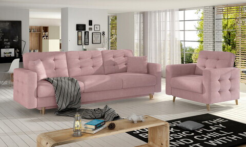 Set canapea extensibila 3 locuri si fotoliu ELTAP, Asgard, 235x95x86 cm / 107x92x86 cm, lemn/poliester, roz