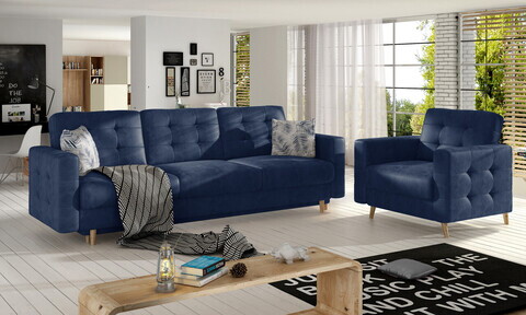 Set canapea extensibila 3 locuri si fotoliu ELTAP, Asgard, 235x95x86 cm / 107x92x86 cm, lemn/poliester, albastru inchis