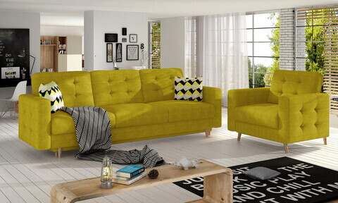 Set canapea extensibila 3 locuri si fotoliu ELTAP, Asgard, 235x95x86 cm / 107x92x86 cm, lemn/poliester, galben
