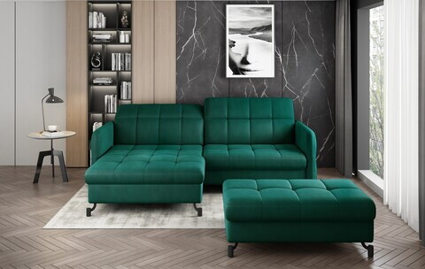 Set coltar extensibil stanga 3 locuri si taburet ELTAP, Lor_LP_03, Lorelle, 225x160x105 cm / 100x70x45 cm, lemn/poliester, verde inchis