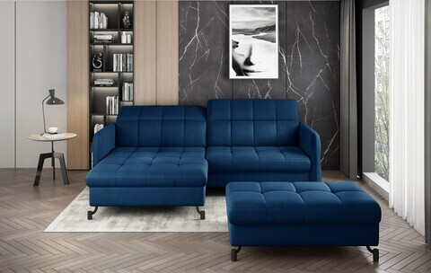 Set coltar extensibil stanga 3 locuri si taburet ELTAP, Lor_LP_04, Lorelle, 225x160x105 cm / 100x70x45 cm, lemn/poliester, albastru inchis