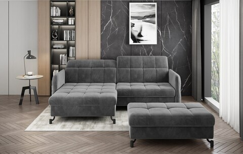 Set coltar extensibil stanga 3 locuri si taburet ELTAP, Lor_LP_12, Lorelle, 225x160x105 cm / 100x70x45 cm, lemn/poliester, gri inchis