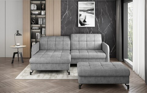 Set coltar extensibil stanga 3 locuri si taburet ELTAP, Lor_LP_14, Lorelle, 225x160x105 cm / 100x70x45 cm, lemn/poliester, gri deschis