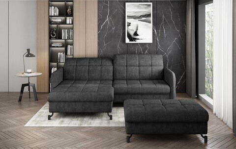 Set coltar extensibil stanga 3 locuri si taburet ELTAP, Lor_LP_15, Lorelle, 225x160x105 cm / 100x70x45 cm, lemn/poliester, gri inchis