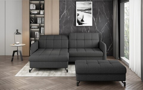 Set coltar extensibil stanga 3 locuri si taburet ELTAP, Lor_LP_18, Lorelle, 225x160x105 cm / 100x70x45 cm, lemn/poliester, gri inchis