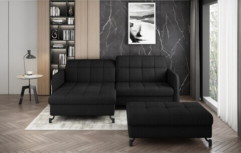 Set coltar extensibil stanga 3 locuri si taburet ELTAP, Lor_LP_27, Lorelle, 225x160x105 cm / 100x70x45 cm, lemn/poliester, negru