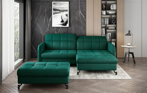 Set coltar extensibil dreapta 3 locuri si taburet ELTAP, Lor_PP_03, Lorelle, 225x160x105 cm / 100x70x45 cm, lemn/poliester, verde inchis