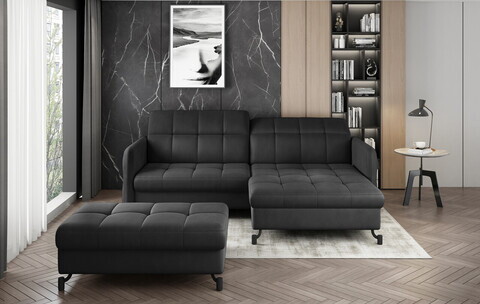 Set coltar extensibil dreapta 3 locuri si taburet ELTAP, Lor_PP_05, Lorelle, 225x160x105 cm / 100x70x45 cm, lemn/poliester, gri inchis