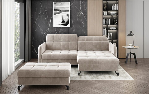 Set coltar extensibil dreapta 3 locuri si taburet ELTAP, Lor_PP_10, Lorelle, 225x160x105 cm / 100x70x45 cm, lemn/poliester, bej