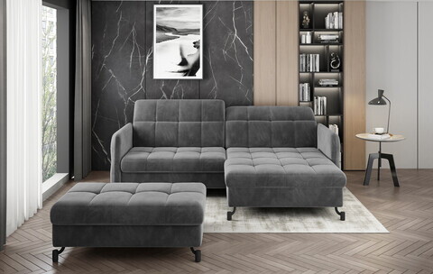 Set coltar extensibil dreapta 3 locuri si taburet ELTAP, Lor_PP_12, Lorelle, 225x160x105 cm / 100x70x45 cm, lemn/poliester, gri inchis