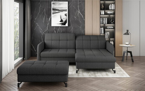 Set coltar extensibil dreapta 3 locuri si taburet ELTAP, Lor_PP_18, Lorelle, 225x160x105 cm / 100x70x45 cm, lemn/poliester, gri inchis