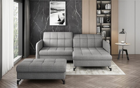 Set coltar extensibil dreapta 3 locuri si taburet ELTAP, Lor_PP_28, Lorelle, 225x160x105 cm / 100x70x45 cm, lemn/poliester, gri deschis