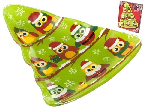 Platou pentru prajituri cu capac Gufi natale, Pengo, 21x18 cm, sticla, multicolor