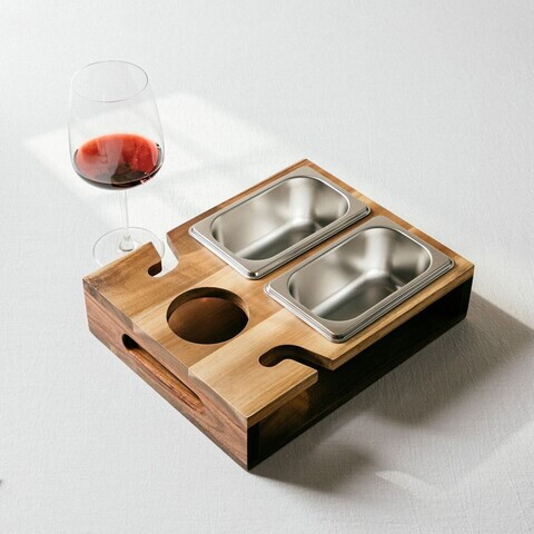 Set pentru servire Edmore, Homla, 31x25x8 cm, lemn/inox, natur/argintiu